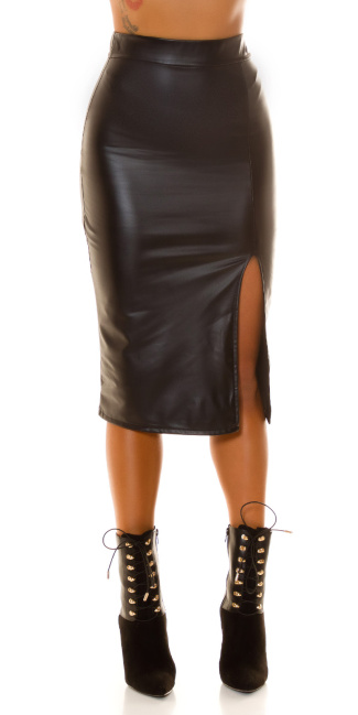 Highwaist Leather Look Midi Skirt with Slit Black
